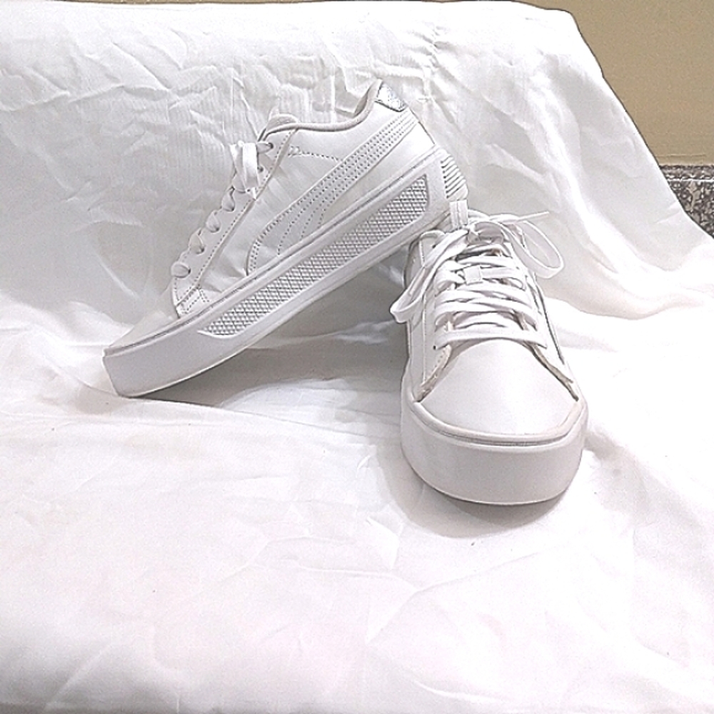 Puma SmashPlatfotm V3 Pop Up Metallics White Size 8.5 Women's Lace Up Detail - Picture 4 of 7